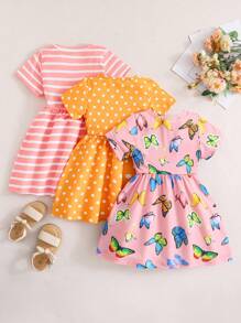 Young Girl's 3pcs/Set Round Neck Short Sleeve Dress With Allover Print - Multicolor - View 2