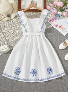 SHEIN Tween Girls' Printed Dress With Ruffled Hem - White - View 2