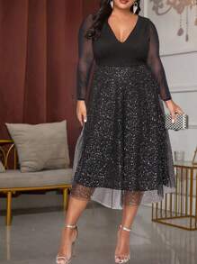 Plus Size Women'S Patchwork Sheer Mesh Long Sleeve Sequin Dress - Black - View 1