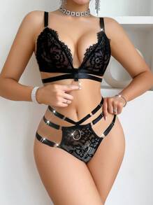 Women's Lace Wireless Bra & Panties Set With Hollow Out Design, 2pcs Lingerie Set
