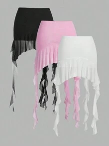 SHEIN ICON 3pcs Lưới Nhiều lớp Váy Với Rong biển Tua trang trí Và Xù Hoa Sen ( Đóng gói Của 3 ) , Váy , Mùa Xuân , Liên hoan âm nhạc Lễ hội , Thích hợp Cho mùa hè - Nhiều màu - Xem 11
