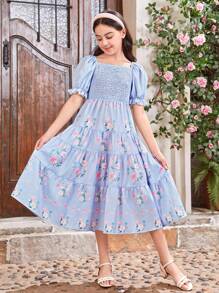 SHEIN Tween Girl Flower Printed Dress With Puff Sleeves, Smocked Top And Ruffle Detailing, Mommy And Me Matching Outfits (2 Pieces Are Sold Separately) - Blue - View 2