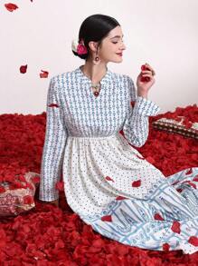 Divindia 全版印花 V領 長袖連衣裙