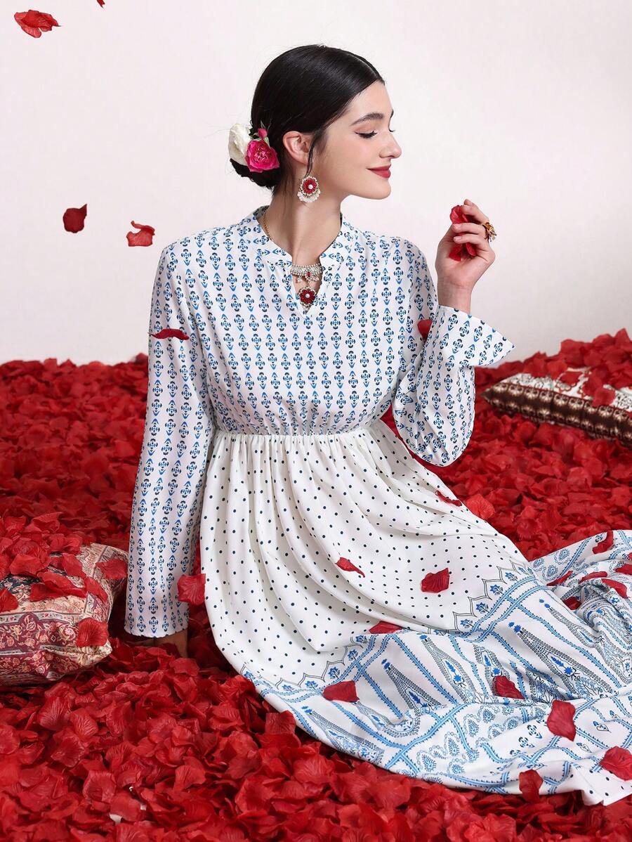 Divindia 全版印花 V領 長袖連衣裙