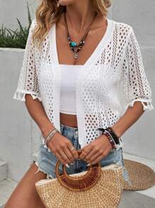 Breezaya Ladies' New Spring, Summer, Early Autumn Hollow Tassel Design Exudes A Sense Of Luxury And Casualness, French Elegance, Casual Versatility, Grand And Exquisite Quality, Gentle And Sexy Half Sleeved Knitted Pullover Top - White - View 5