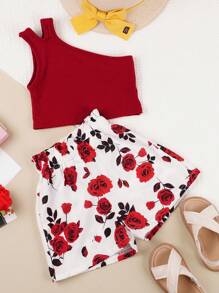 SHEIN Young Girl's Lovely Oblique Shoulder Red Top With Paper Bag Waist & Rose Printed Shorts 2pcs Outfit