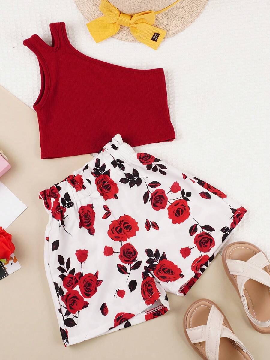 SHEIN Young Girl's Lovely Oblique Shoulder Red Top With Paper Bag Waist & Rose Printed Shorts 2pcs Outfit