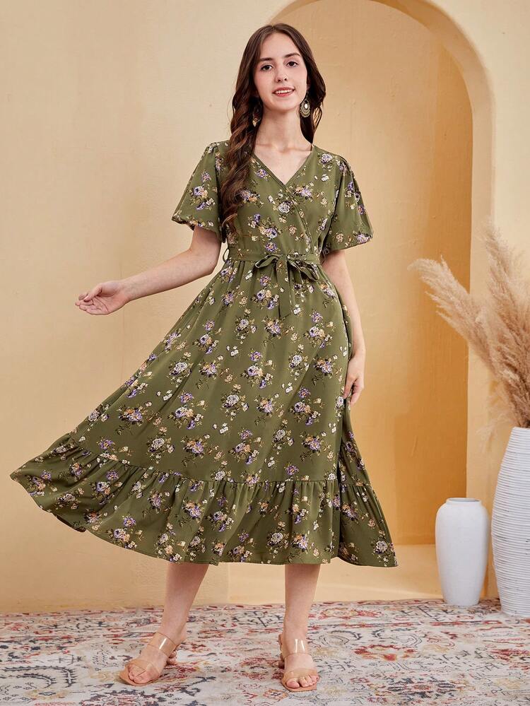 Teen Girls' Woven Floral Print Short Sleeves Dress For Vacation