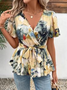 Breezaya 女士交叉領口鈴襬長袖腰帶上衣 - 杏色 - 查看 3