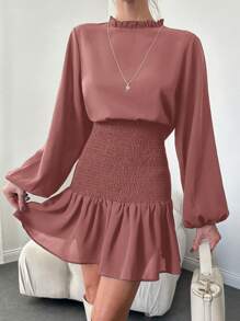 EURMUSE Women's Lantern Sleeve Ruffle Hem A-Line Dress - Dusty Pink - View 3