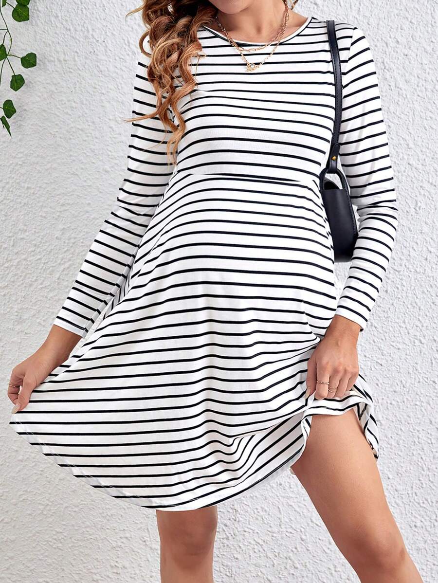 SHEIN Maternity Striped Dress - White - View 1