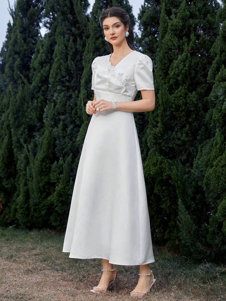 Women's Embroidery Splice Bubble Sleeve Dress Church Dress Long Evening Dresses