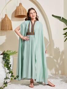 SHEIN Leap Crew Teen Girls' Woven Solid Color Spliced Tapestry Dress With Long Cardigan 2-Piece Set - Mint Green - View 7