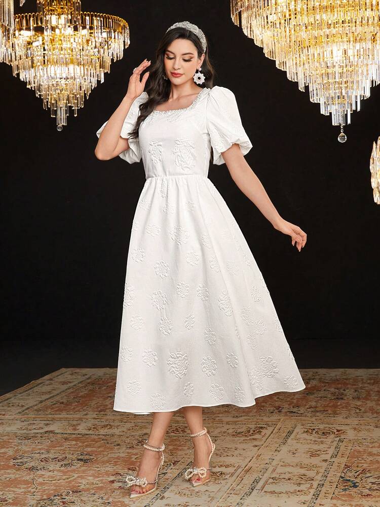 Women's Square Neck Short Puff Sleeve Dress