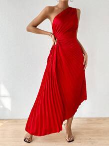 SHEIN Privé Vestido plisado asimétrico con cuello asimétrico y lazo lateral en unicolor - Rojo - Ver 1