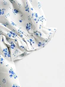 SHEIN 少女藍色花卉印花連衣裙,集合褶皺胸部、蝴蝶結和分割式泡泡袖 - 藍色 - 查看 4