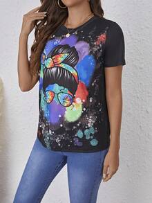 SHEIN LUNE 女裝印花圖案短袖t恤 - 黑色 - 查看 3