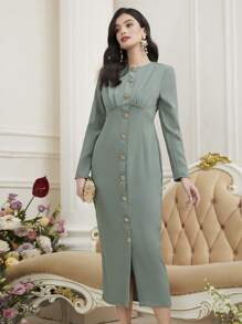 Modelyn Solid Color Button Through Long Sleeve Dress - Green - View 5