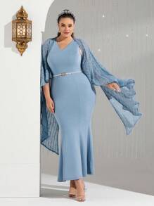 Modelyn Kích thước lớn Cổ chữ V Cape Phong cách Đuôi cá Đầm Không có Eo Thắt lưng - Màu xanh bụi bặm - Xem 5