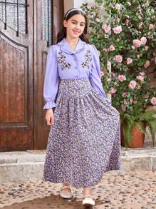 SHEIN Tween Girl Embroidered Ruffle Front Flounce Collar Shirt And Floral V-Shaped Waistband Long Skirt, And Matching Mommy And Me Outfits (2 Sets Are Sold Separately)