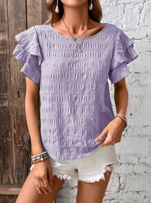 EMERY ROSE Women's Round Neck Ruffled Sleeve Blouse