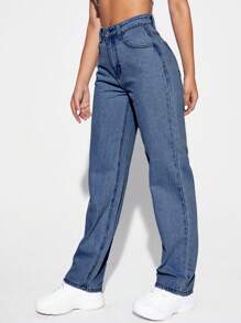 SHEIN EZwear Women Casual Solid Color Slant Pocket Baggy Jeans - Medium Wash - View 1