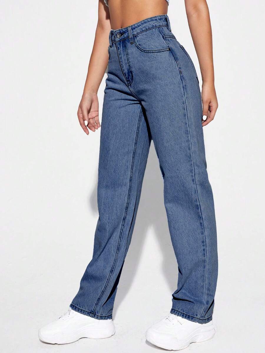 SHEIN EZwear Women Casual Solid Color Slant Pocket Baggy Jeans - Medium Wash - View 1