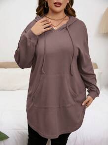 SHEIN Privé Plus Size Solid Color Hooded Drawstring Asymmetrical Hem Sweatshirt In Fall/Winter - Dusty Pink - View 5