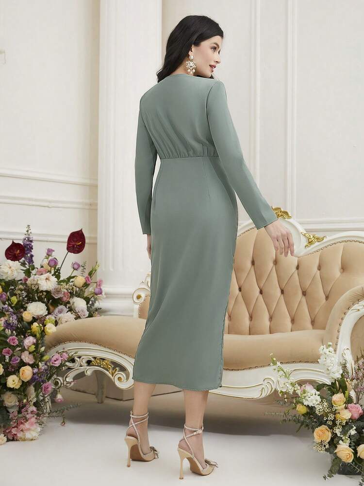 Solid Color Button Through Long Sleeve Dress