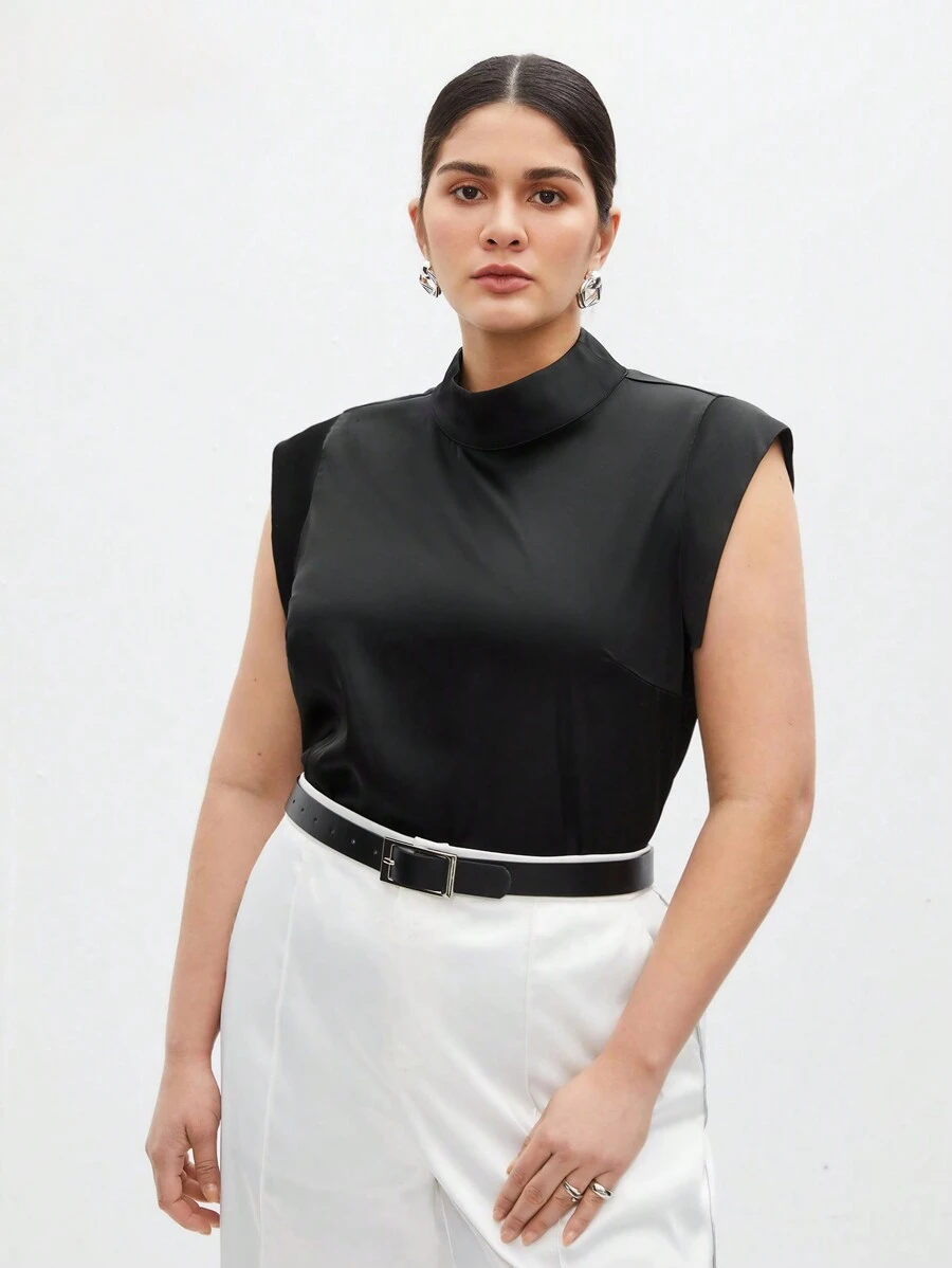 BizChic Plus Size Áo cổ đứng màu trơn, không tay, đa năng - màu đen - Xem 1