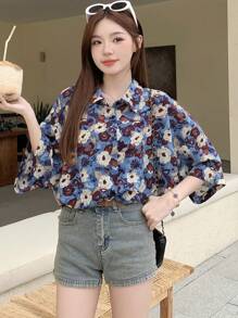 DAZY 女士全印花宽松落肩衬衫花卉度假装扮 女士复活节 - 彩色 - 查看 4