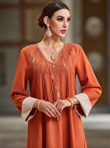 Al Najma Handmade Beaded Loose Color Block Casual Dress, Elegant Evening Party Elegant Luxury Long Sleeve Maxi Modest Dress