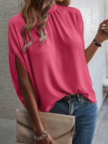 EMERY ROSE Tie Back Batwing Sleeve Solid Blouse - Hot Pink - View 4