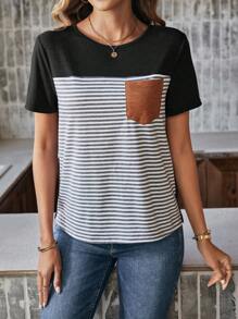 SHEIN LUNE Camiseta casual de mujer con bloques de color y parches a rayas - Negro - Ver 4