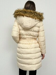 RueChic 女式拼接連帽冬季外套 - 白色 - 查看 2