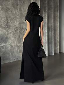 DAZY 女士纯色圆领盖袖开衩裙太阳裙，休闲女装 - 黑色 - 查看 8