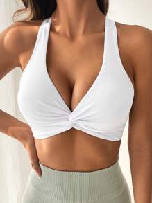 SHEIN Sports 2pcs Women's Solid Color Twist-Knot Sports Bra - Black and White - View 4