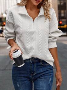 SHEIN LUNE 半拉鏈落肩袖運動衫 - 白色 - 查看 4