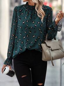 SHEIN Clasi Allover Print Flounce Sleeve Frill Trim Blouse,Long Sleeve Tops Fall Cloth For Women
