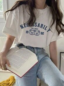 女士休闲圆领字母与卡通印花落肩 T 恤 - 白色 - 查看 1