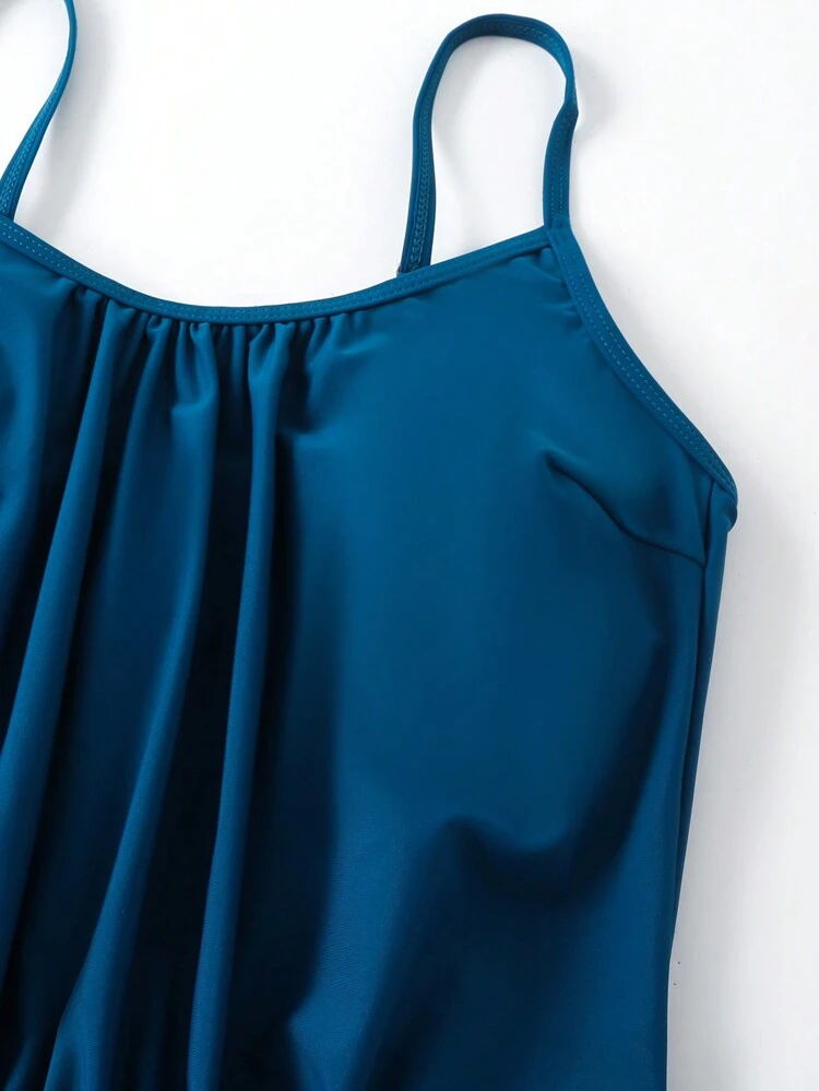 Summer 2pcs/Set Solid Drawstring Ruched Side Tankini Swimwear