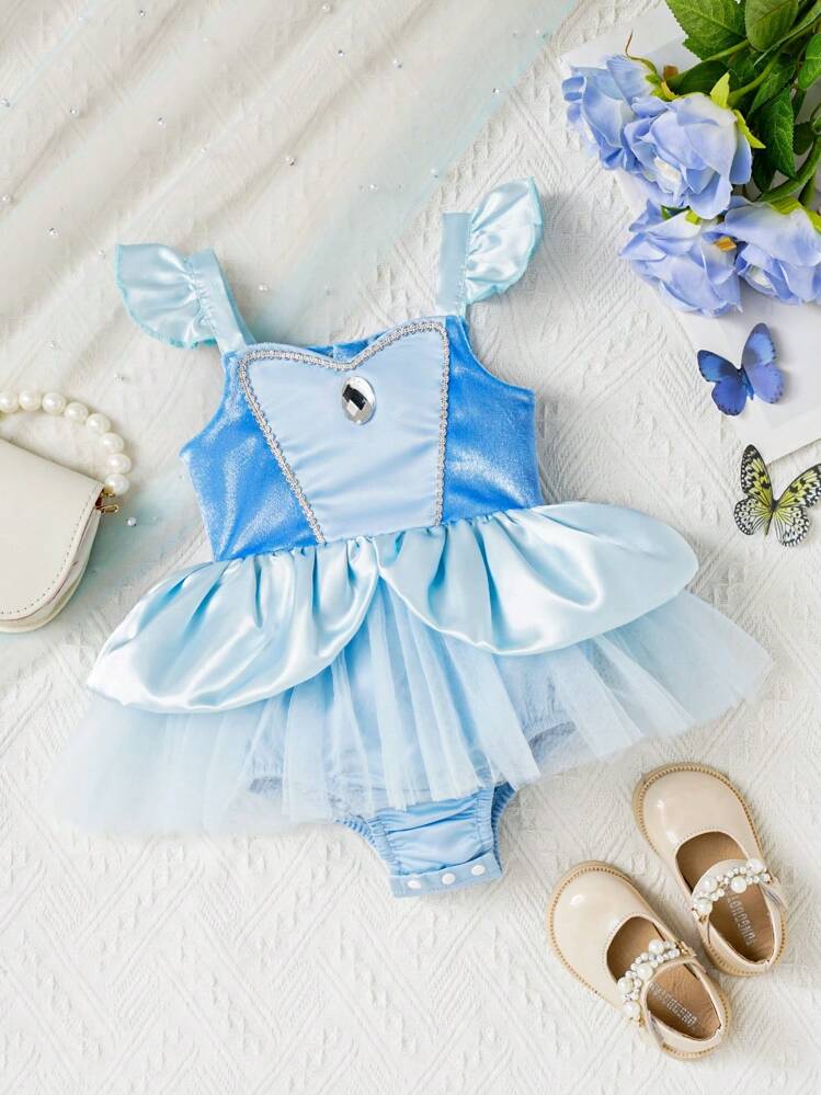 SHEIN Vestido Bodysuit de Tule com Decoração de Joias, Estilo Princesa Azul Beleza e Corte, para Bebê Menina - Azul - Visão 3