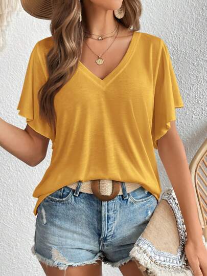 SHEIN LUNE Camiseta casual de cuello en V sólido con mangas de mariposa