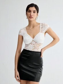 BizChic Söt Urringning Spets Kroppsuits Kontorsstil - Vitt - Visa 9