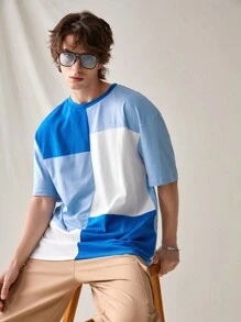 Manfinity RebelGame Men's Loose Fit Knitted Color Block Short Sleeve T-Shirt With Round Neck For Spring And Summer