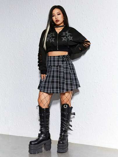 Grunge Punk Sweat-shirt Manches Courtes Pour Femmes Avec Devant Ouvert, Manches En Détresse Et Imprimé Étoilé