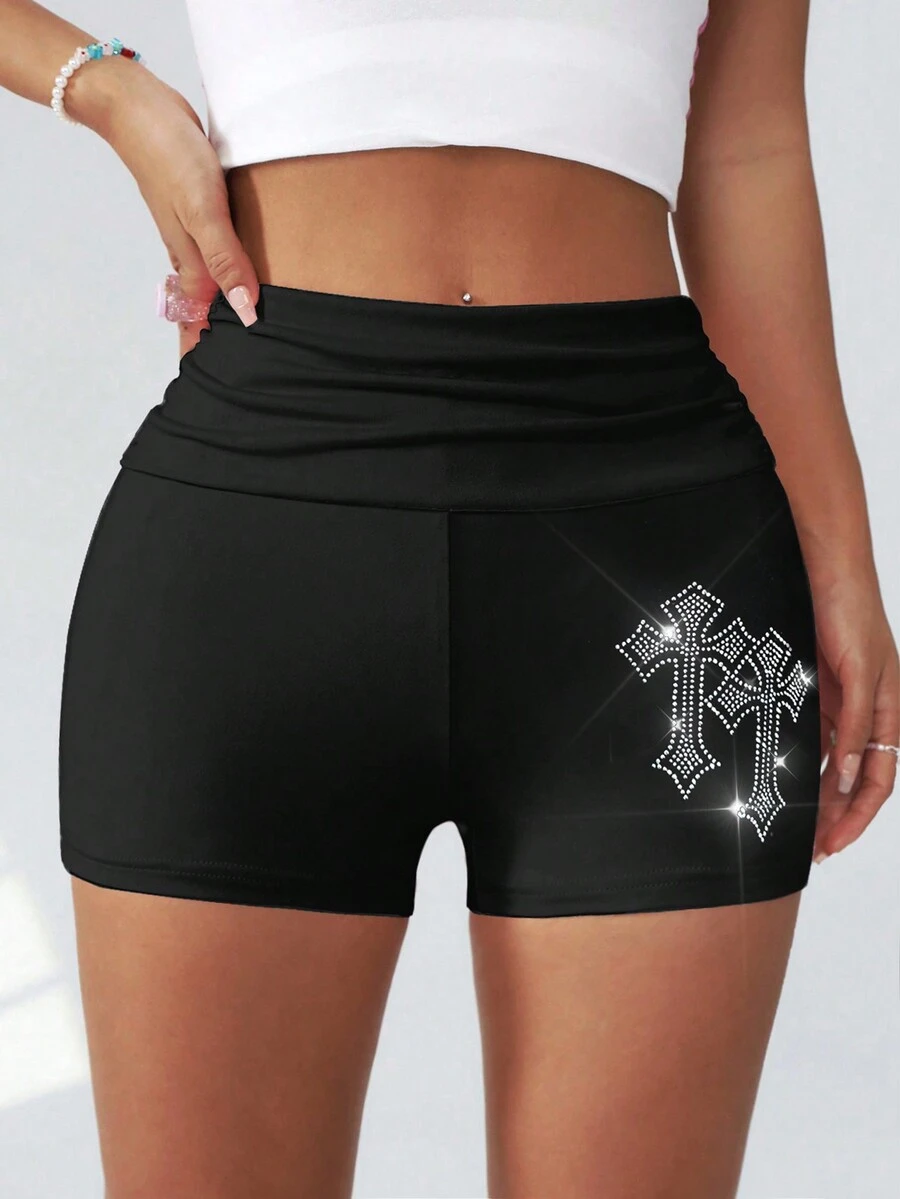 Sexy Gothic Cross Bright Diamond High-Waisted Stretch Shorts - Black - View 1