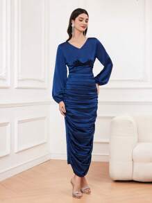 Modelyn Women's Solid Color Lantern Sleeve Ruched Dress, Wedding Guest Dress - Royal Blue - View 5