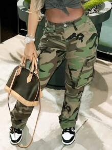 Jeans casuales rectos y holgados de mezclilla tipo cargo con camuflaje para niñas adolescentes
