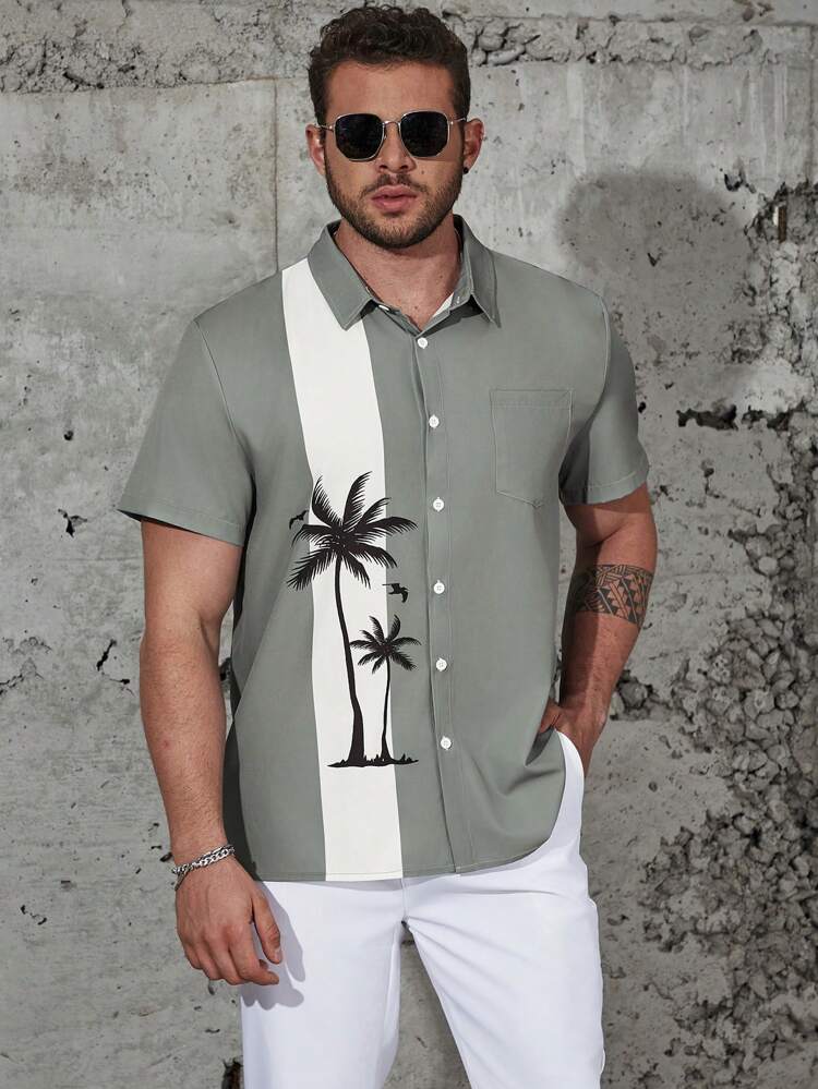 Men Plus Coconut Tree Print Button Front Shirt